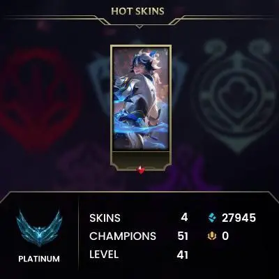 EUW / PLATIN 4(27LP) / 51 Champ / 4 Good Skins(1 Legendary, 2 Epic) / 27.9K BE / HONOR 4 / 41 LVL / FULL ACCES / HANDMADE / CHEAP