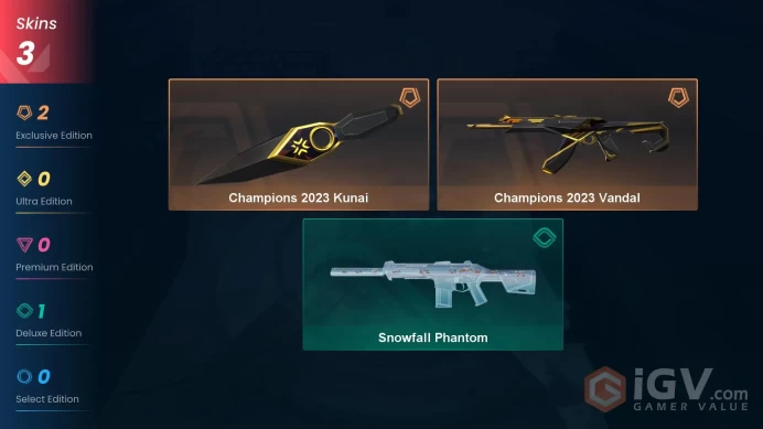 EU - LVL 28 - UNRANKED - 1 KNIFE - 3 SKINS (~9,300 VP) Champions 2023 Vandal, Champions 2023 Kunai, Snowfall Phantom