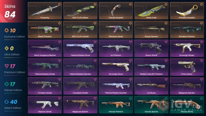 NA - LVL 55 - UNRANKED - 5 KNIFES - 84 SKINS (~54,650 VP) RGX 11z Pro Blade, RGX 11z Pro Vandal, Prime2 Karambit, Ruination Phantom, BlastX Pha