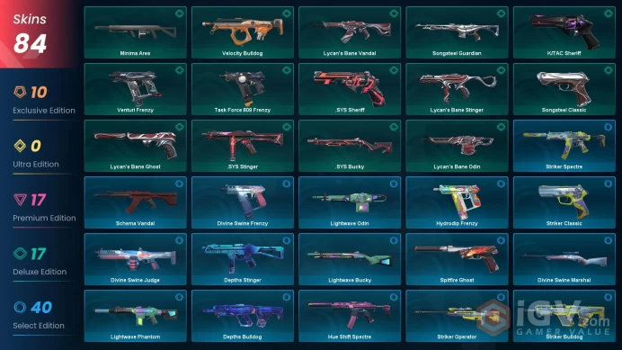 NA - LVL 55 - UNRANKED - 5 KNIFES - 84 SKINS (~54,650 VP) RGX 11z Pro Blade, RGX 11z Pro Vandal, Prime2 Karambit, Ruination Phantom, BlastX Pha