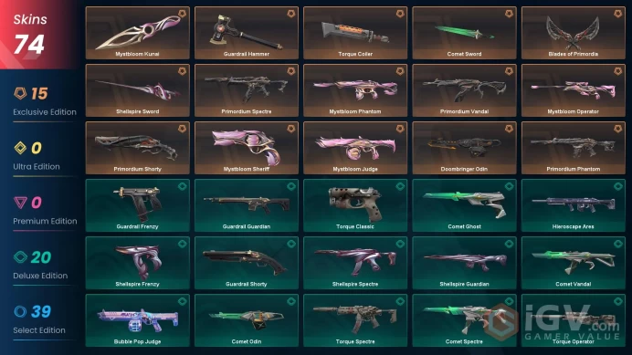 EU - LVL 74 - UNRANKED - 6 KNIFES - 74 SKINS (~30,425 VP)Blades of Primordia, Comet Sword, Guardrail Hammer, Primordium Vandal, Mystbloom Kunai
