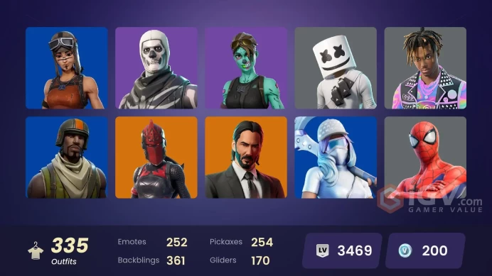 [ALL PLATFORMS]-334 Skin-276 Pickaxes-250 Emotes-230K V-Bucks Spend-Victor Elite-Major Glory-Juice WRLD-Aerial Assault Trooper-Renegade Raider-