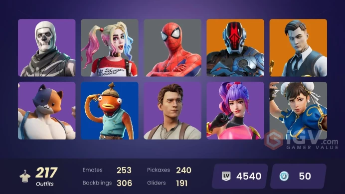[ALL PLATFORMS]-217 Skin-264 Pickaxes-253 Emotes-191 Gliders-Black Widow -Major Glory-Trinity Trooper-Joltara-Midas-Chun-Li-Catwoman-Fishstick