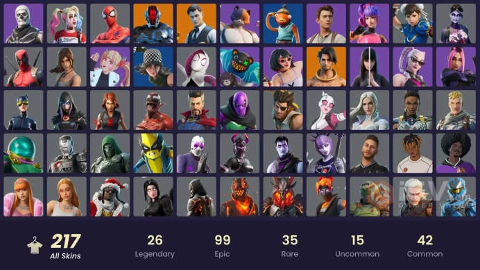 [ALL PLATFORMS]-217 Skin-264 Pickaxes-253 Emotes-191 Gliders-Black Widow -Major Glory-Trinity Trooper-Joltara-Midas-Chun-Li-Catwoman-Fishstick