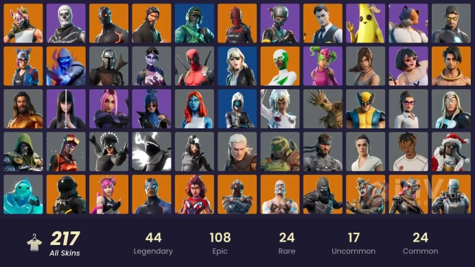 [ALL PLATFORMS]-217 Skin-210 Pickaxes-162 Emotes-182 Gliders-Reflex-The Reaper-Elite Agent-Leviathan Axe-Take The L-Power Chord-Omega-Lyric-