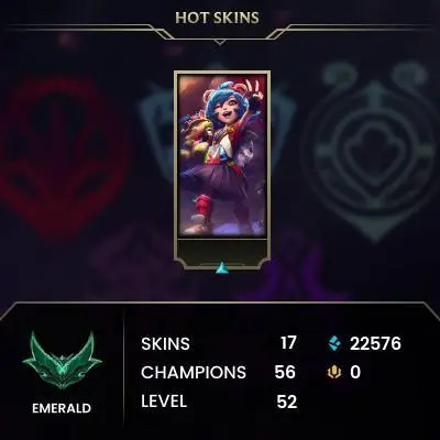 EUW / EMERALD 4 %59wr / 56 Champ / 17 Good Skins(1 Mythic, 7 Epic) / 22.5K BE / HONOR 5 / S8 ACC / 52 LVL / FULL ACCES / HANDMADE / CHEAP