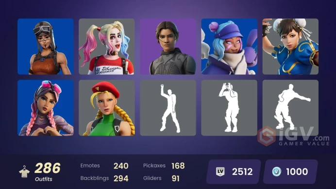 [ALL PLATFORMS]-285 Skin-163 Paid-310.500 V-B SPEND-208 Pickaxe-241 Emote-Modena Icon OG-Harley Quinn-Renegade Raider-Chun-Li-CHANGEABLE MAIL