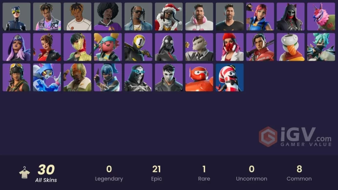 PC-PSN-XBOX 30 skins · ≈ 14,100 V-Bucks SPEND-Snoop DogG-Streetwear Spark Messi-Juice WRLD-Felina-Catwoman Comic Book Outfit-Santa DoggSanta Dog