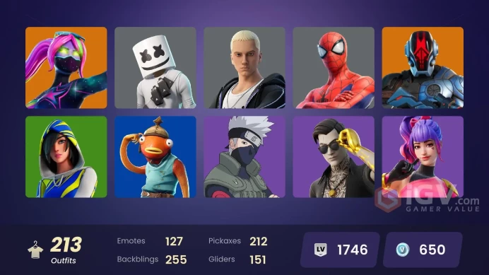 ALL PLATFORMS-212 Skin-222 Pickaxes-FNCS 3:1 Champion-FNCS Renegade-Champion Kyra-Heron Stance Hero-Backlash-Lara Croft-Marshmello-Fishstick-
