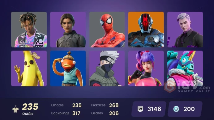 -ALL PLATFORMS-234 Skin-281 Pickaxe-232 Emotes-206 Gliders-Jack Gourdon OG-Chani-Naruto Uzumaki-Shadow Midas-Heron Stance Hero-Lara Croft