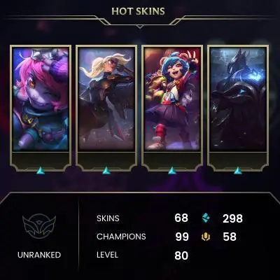 EUW UNK-68SKIN-100CHAMP-3HONOR-CHEAP
