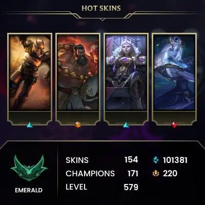 EUW / EMERALD 2(55LP)  / 171 Champ / 154 Good skins(1 Ultimate, 1 Mythic, 13 Legendary, 94 Epic) / 101K BE / HONOR 5 / 579 LVL / FULL ACCES 
