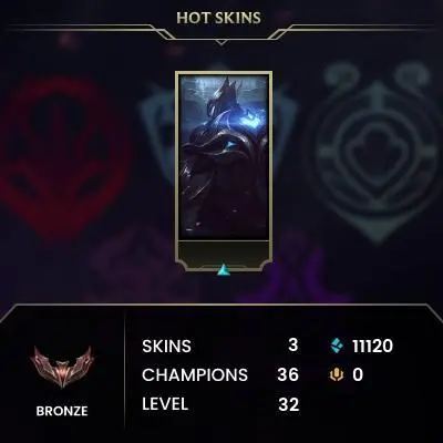 EUW / BRONZE 3(85LP) / 36 Champ / 3 Good Skins(1 Epic) / 11.1K BE / HONOR 3 / S13 ACC / HANDMADE / 32 LVL / FULL ACCES / CHEAP
