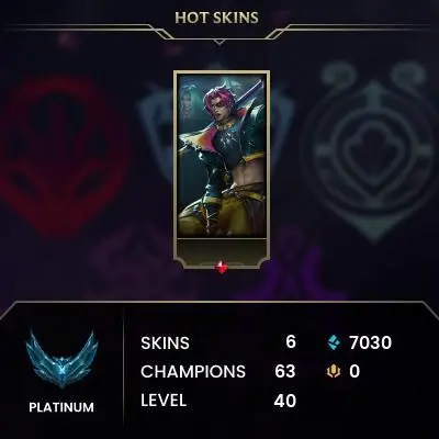 EUW / PLATIN 4(99LP) / 63 Champ / 6 Good Skins(1 Legendary, 3 Epic) / 7.0K BE / HONOR 4 / S13 ACC / HANDMADE / 40 LVL / FULL ACCES / CHEAP