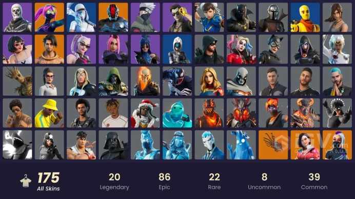 [ALL PLATFORMS]-173 Skin-166 Pickaxes-201 Emote-Chun-Li-Kelsier-Raise The Cup-Skull Trooper-Kakashi Hatake-Venom-Lara Croft-Catwoman Zero-