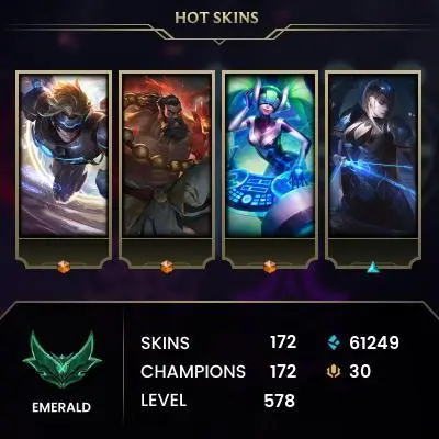 emerald 4 HAndleveled lvl 580 ZED MAIN702k/kata 201k masteries  account full champs +175 skins 3 ultimate skins