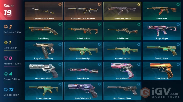 EU | 19 Skins | 1 Knife | Elderflame Vandal | Champions 2024 Phantom | Champions 2024