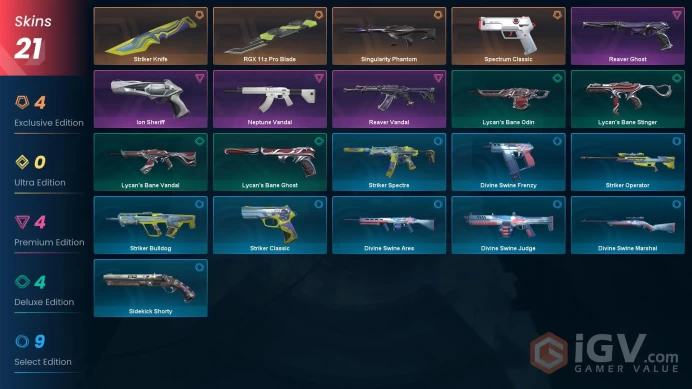 EU | 21 Skins | Full Acces | Reaver Vandal | Neptune Vandal | Rgx11z Pro Blade | Singularity Phantom | Ion Sheriff | Spectrum Classic | 