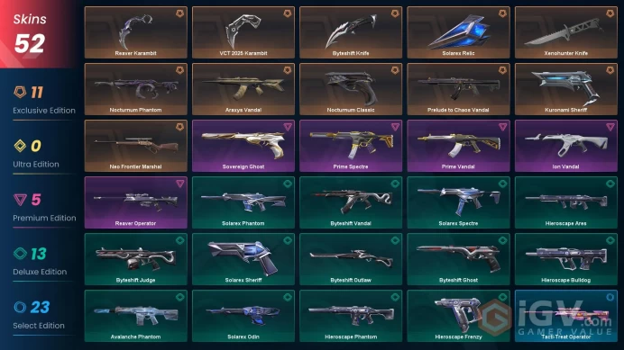 EU | 52 Skins | Chaos Vandal | Reaver Karambit | Xenohunter Knife | VCT2025 Karambit | Araxys Vandal | Nocturnum Phantom | Kuronami Sheriff