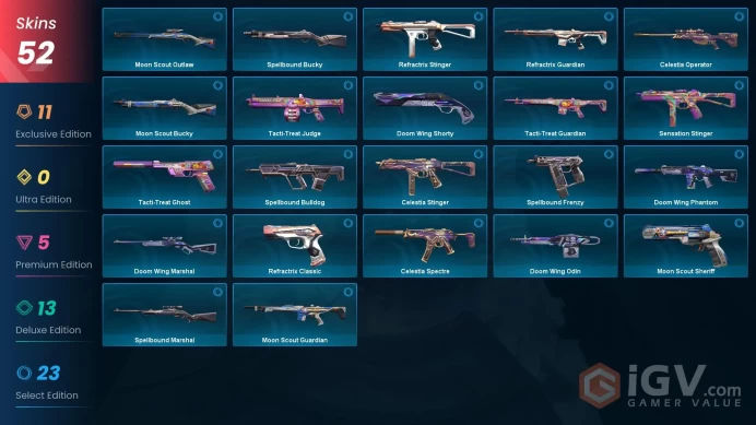 EU | 52 Skins | Chaos Vandal | Reaver Karambit | Xenohunter Knife | VCT2025 Karambit | Araxys Vandal | Nocturnum Phantom | Kuronami Sheriff