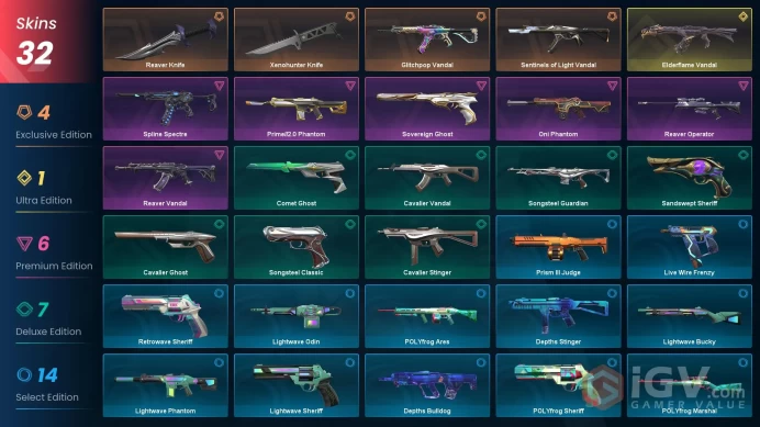 EU [ 32 TOP SKINS + 2 KNIFE ] Xenohunter Knife + Elderflame Vandal + Glitchpop Vandal + Sentinels of Light Vandal + Oni Phantom / full acces