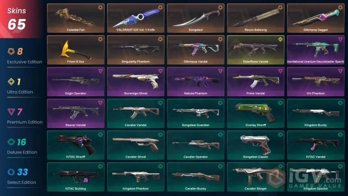 EU [ 65 TOP SKINS + 6 KNIFE ] Glitchpop Dagger + VALORANT GO! . 1 Knife + Singularity Phantom + Elderflame Vandal + Nebula Phantom / FULL ACCES