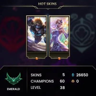 EUW / EMERALD 4 +35LP GAIN / 60 Champ / 5 PERFECT SKINS(2 Ultimate) / 26.6K BE / HANDMADE / CHEANGEABLE MAIL / LIFETIME WARRANTY / 7-24 SUPPORT