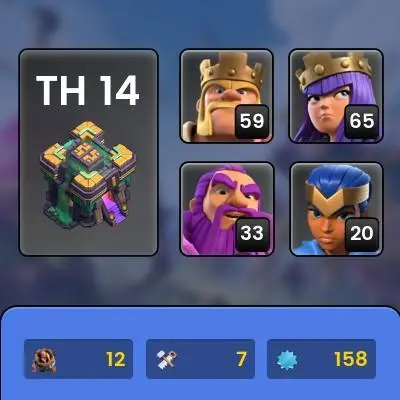 Th14  Full Max, 4 Equipment Epic, Defense Max, Wall Max, 181 League Medal, 4 Hero Skin, Magic Items, Hero High Level, Lifetime Warranty