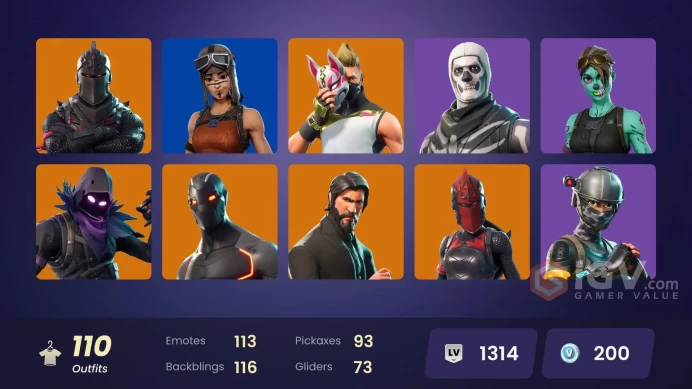 110 skins | Black Knight | The Reaper | Elite Agent | Take The L | Floss | Blue Squire | Royale Knight | Omega | Havoc | Trailblazer | Reaper