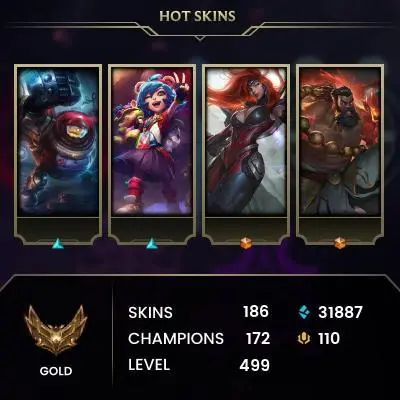 BR / GOLD 2 / 172 CHAMP / 186 PERFECT SKINS(2 Ultimate, 1 Mythic, 13 Legendary, 61 Epic) / CHEANGEABLE MAIL / LIFETIME WARRANTY / CHEAP