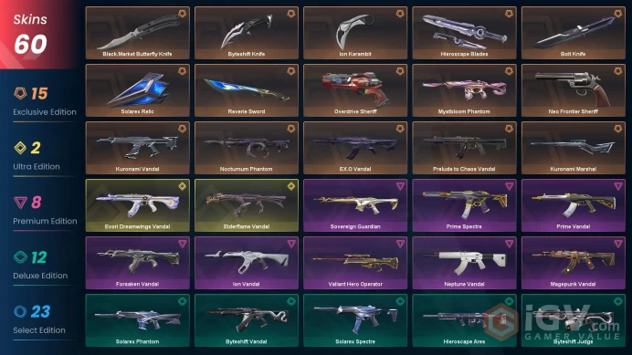EU/TR 60 skins | Kuronami Marshal | Kuronami Vandal | Ion Karambit | Evori Dreamwings Vandal | Mystbloom Phantom | Prelude to Chaos Vandal |