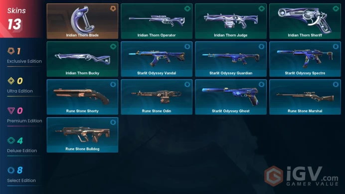 EU - LVL 45 - UNRANKED - 1 KNIFE - 13 SKINS (~0 VP) Iridian Thorn Blade