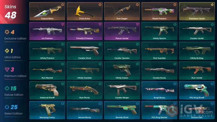 EU - LVL 85 - UNRANKED - 3 KNIVES - 48 SKINS (~11,250 VP) Elderflame Vandal, BlastX Phantom, Outpost Melee, Ruin Dagger