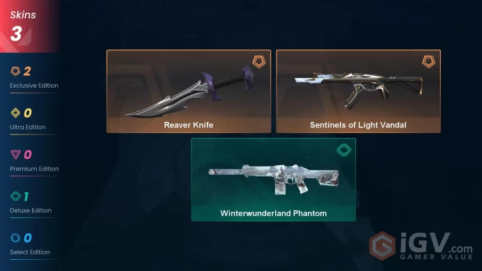 EU - LVL 24 - UNRANKED - 1 KNIFE - 3 SKINS (~7,000 VP) Sentinels of Light Vandal, Reaver Knife, Winterwunderland Phantom