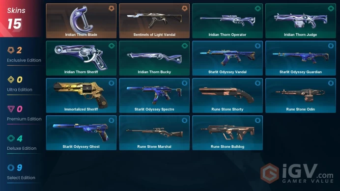 EU - LVL 71 - UNRANKED - 1 KNIFE - 15 SKINS (~2,175 VP) Iridian Thorn Blade, Sentinels of Light Vandal
