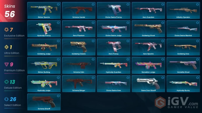 EU - LVL 95 - UNRANKED - 4 KNIVES - 56 SKINS (~37,175 VP) RGX 11z Pro Blade, Singularity Sheriff, Reaver Knife, RGX 11z Pro Vandal