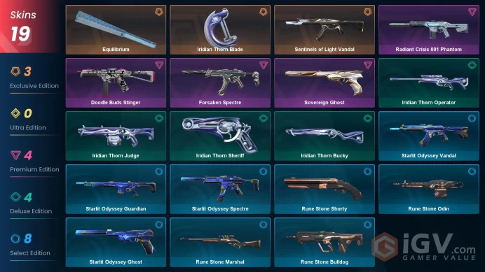EU - LVL 32 - UNRANKED - 2 KNIVES - 19 SKINS (~11,825 VP) Sentinels of Light Vandal, Equilibrium, Iridian Thorn Blade, Radiant Crisis 001 Phant