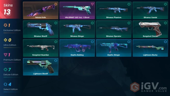 EU - LVL 28 - UNRANKED - 1 KNIFE - 13 SKINS (~11,700 VP) Nebula Knife, VALORANT GO Ghost, Silvanus Vandal, Silvanus Phantom