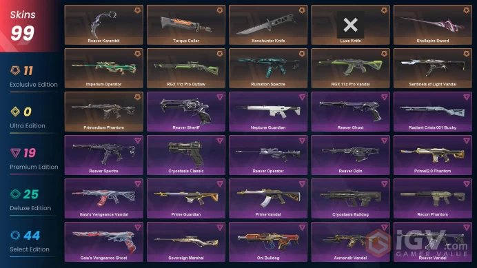 EU - LVL 91 - UNRANKED - 5 KNIFES - 99 SKINS (~64,075 VP) Sentinels of Light Vandal, Primordium Phantom, RGX 11z Pro Vandal, Xenohunter Knife, 