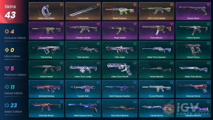 EU - LVL 105 - UNRANKED - 2 KNIVES - 43 SKINS (~13,225 VP) RGX 11z Pro Vandal, Iridian Thorn Blade, Venturi Knife, BlastX Phantom