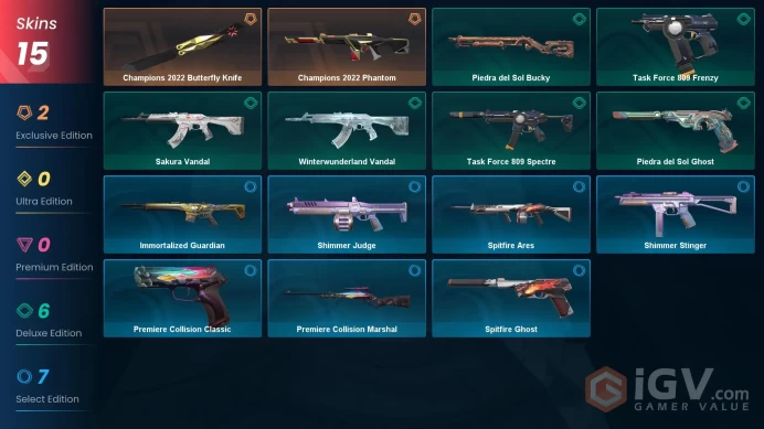 EU - LVL 19 - Unranked - 1 KNIFE - 15 SKINS (~10,575 VP) Champions 2022 Butterfly Knife, Champions 2022 Phantom, Winterwunderland Vandal