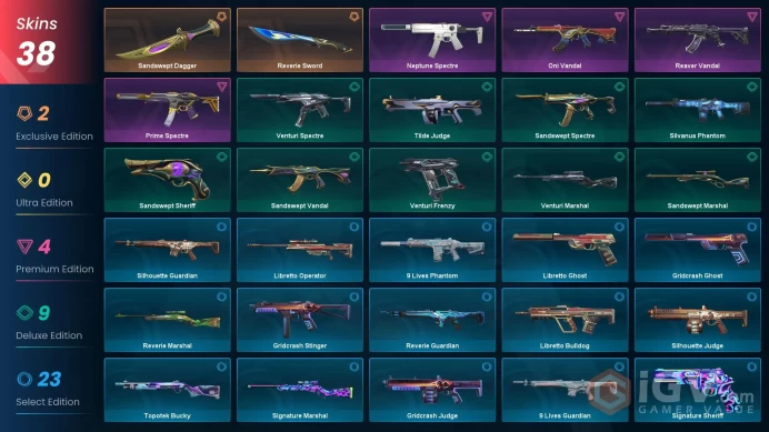 EU - LVL 72 - Unranked - 2 KNIVES - 38 SKINS (~13,625 VP) Sandswept Dagger, Reverie Sword, Neptune Spectre, Prime Spectre, Reaver Vandal