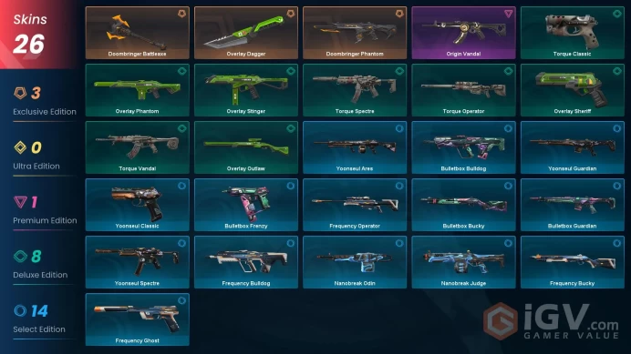 EU - LVL 37 - UNRANKED - 2 KNIVES - 26 SKINS (~8,300 VP) Overlay Dagger, Doombringer Phantom, Doombringer Battleaxe, Origin Vandal