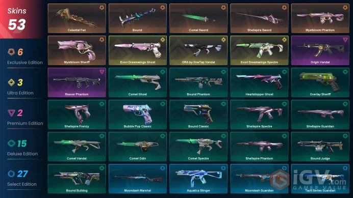 EU [ 53 TOP SKINS + 4 KNIFE ] ORA by OneTap Vandal + Shellspire Sword + Mystbloom Sheriff + Mystbloom Phantom + Evori Ghost / full acces