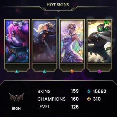 EUW / IRON 4 / 160 CHAMP / 159 PERFECT SKINS(1 Ultimate, 2 Mythic, 10 Legendary, 59 Epic) / CHEANGEABLE MAIL / LIFETIME WARRANTY / CHEAP