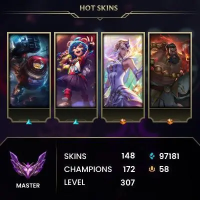 EUW / MASTER %56WR / 172 Champ / 148 PERFECT SKINS / 97.1K BE / HONOR 5 / HANDMADE / CHEANGEABLE MAIL / LIFETIME WARRANTY / 7-24 SUPPORT / CHEAP