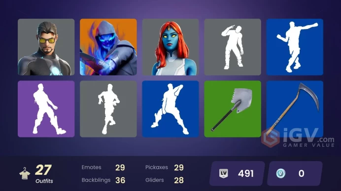 27 SKINS | SURF STRIDER | WAVECREST | REAPER | BOOBYTRAPPED | SKY SAIL | STORM | CRYSTAL | BIRDIE | COBALT | SURVIVAL SPECIALIST | TONY STARK 