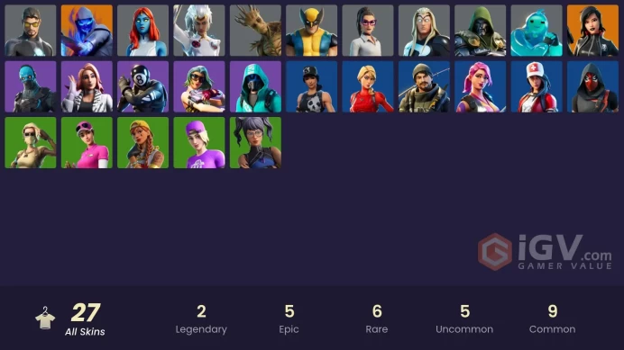 27 SKINS | SURF STRIDER | WAVECREST | REAPER | BOOBYTRAPPED | SKY SAIL | STORM | CRYSTAL | BIRDIE | COBALT | SURVIVAL SPECIALIST | TONY STARK 