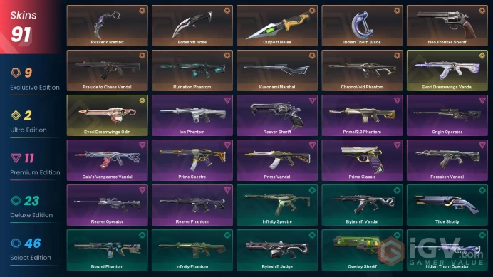 EU/TR 91 skins | Reaver Karambit | Byteshift Knife | Evori Dreamwings Vandal | Kuronami Marshal | Evori Dreamwings Odin Prelude to Chaos Vandal