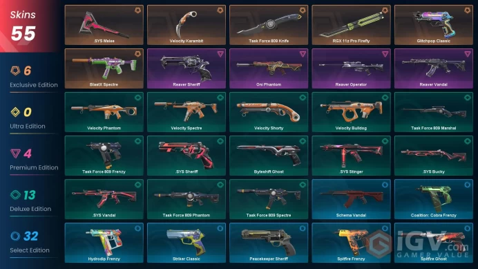 EU | 55 Skins | RGX 11z Pro Firefly | Reaver Vandal | BlastX Spectre | Oni Phantom | Glitchpop Classic | Reaver Operator | Reaver Sheriff